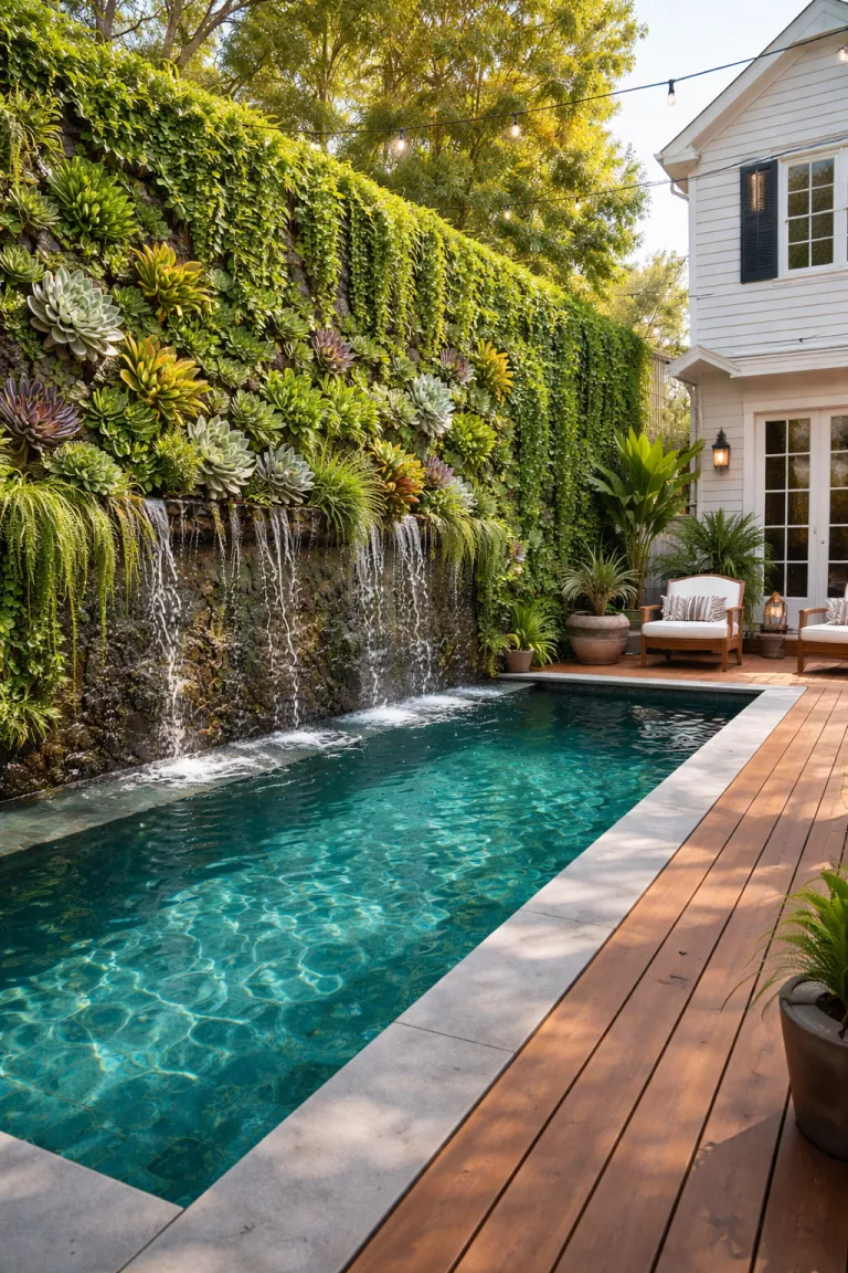 A realistic photo of a traditional American home's backyard with a vertical garden of succulents and ivy growing on a wall directly behind a lap pool, water trickling down the green foliage into the pool, and wooden decking underfoot.