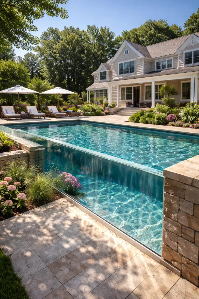 A realistic photo of a traditional American home's backyard featuring a pool with a clear acrylic wall on one side, allowing a view through the water to the lower garden, with sunlight refracting through the transparent edge and creating patterns on the ground.