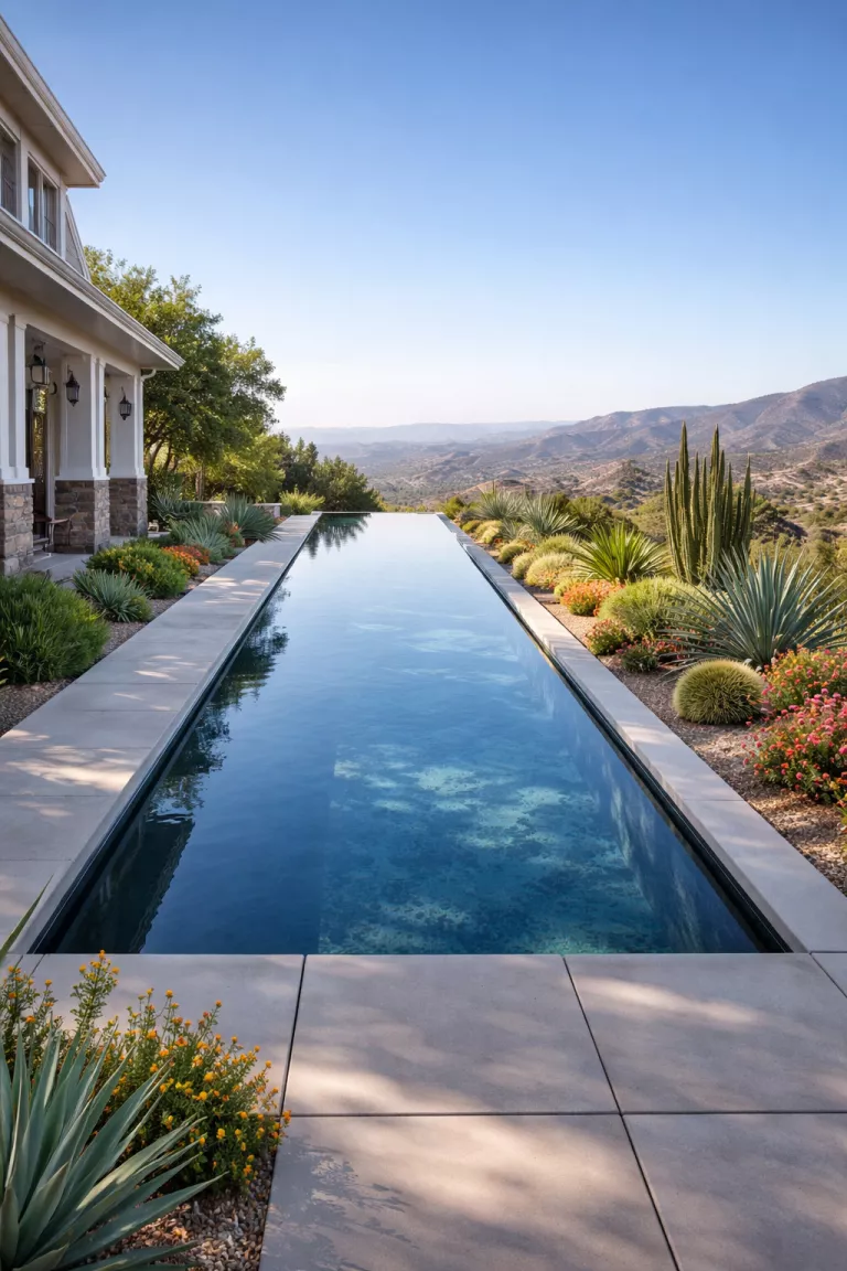 A realistic photo of a traditional American home's backyard featuring a long narrow lap pool with an infinity edge overlooking a valley, local desert plants bordering the straight concrete lines, and the blue sky reflecting on the perfectly still water surface.