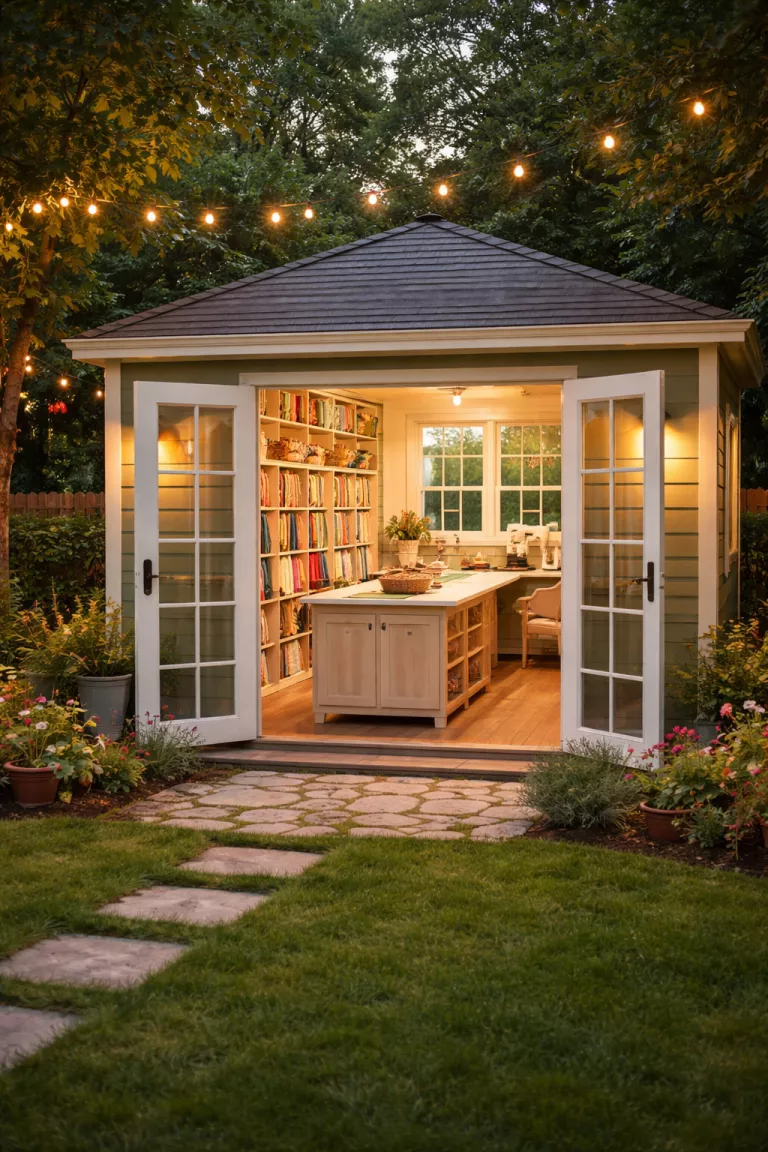 A realistic photo of a traditional American home's backyard with a brightly lit craft shed featuring a large central cutting table, modular wall storage for colorful fabric bolts, and a dedicated sewing machine station under a window.