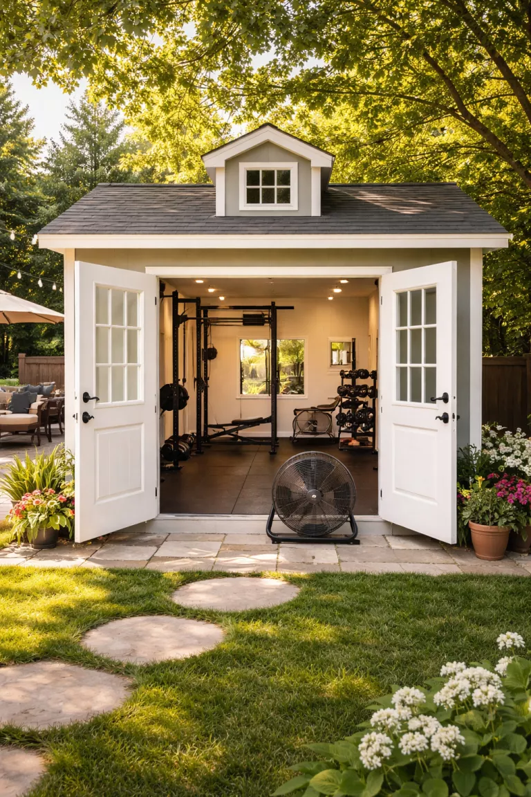 A realistic photo of a traditional American home's backyard with a shed converted into a gym, featuring rubber floor mats, a foldable weight rack, wall mounted mirrors, and a powerful floor fan pushing air through wide open double doors.