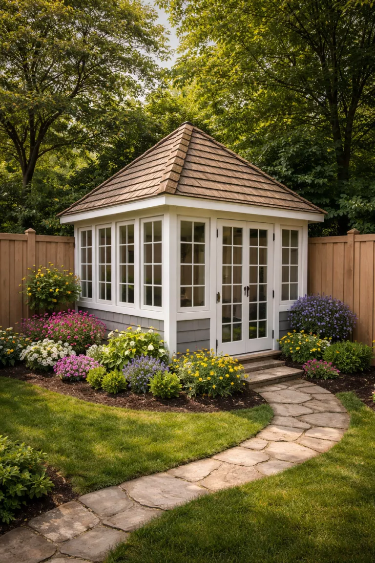 A realistic photo of a traditional American home's backyard featuring a triangular corner shed tucked into a fence corner, with wraparound windows and a small flower garden planted along its base.