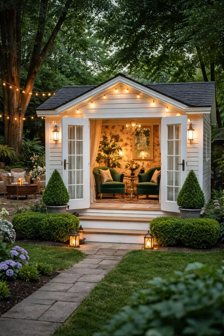 A realistic photo of a traditional American home's backyard with a sophisticated white shed converted into a lounge, featuring soft interior glow from fairy lights, plush velvet armchairs, floral wallpaper, and a small private deck with ornamental shrubs.