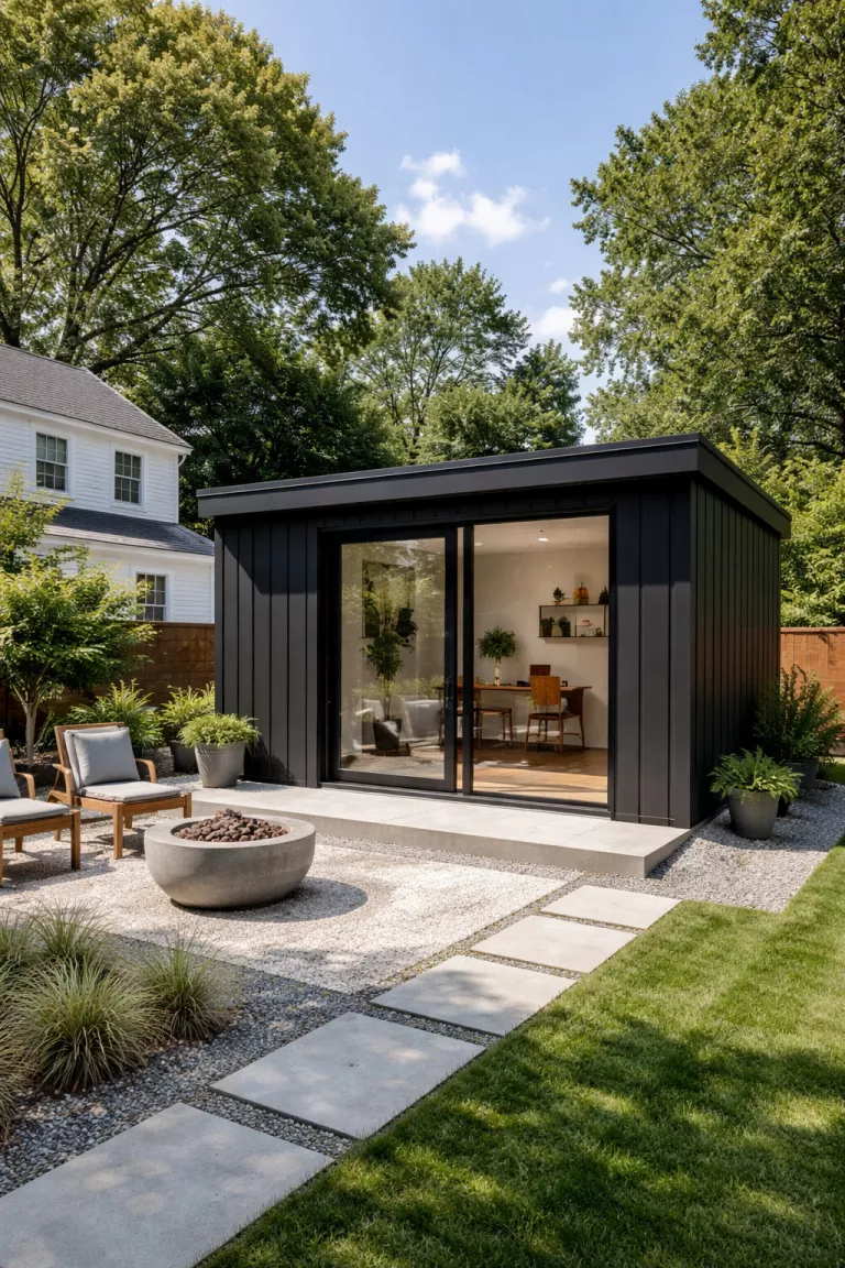 A realistic photo of a traditional American home's backyard with a minimalist modern shed featuring black metal cladding, a flat roof, a full height glass sliding door, and a clean concrete foundation surrounded by gravel.