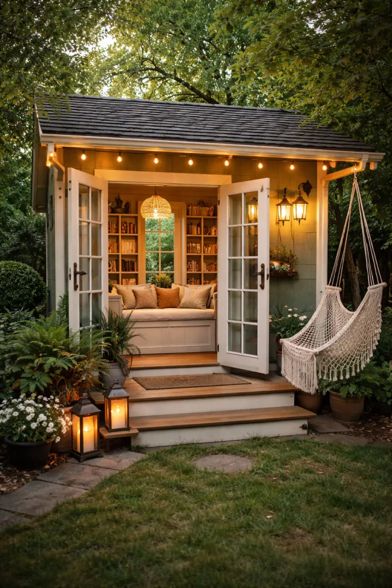 A realistic photo of a traditional American home's backyard featuring a small cozy shed with a built in window seat, floor to ceiling bookshelves, soft lantern lighting, and a small porch with a hanging macrame hammock chair.