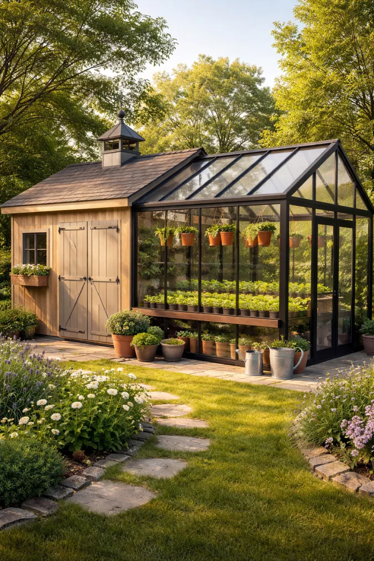 A realistic photo of a traditional American home's backyard featuring a hybrid shed with a wooden storage section and a large attached glass greenhouse filled with green seedlings and hanging terracotta planters in the sun.