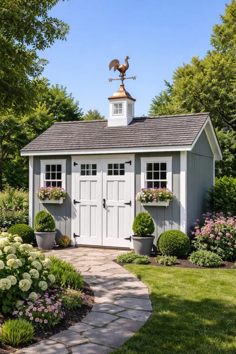 A realistic photo of a traditional American home's backyard showing a grey wooden shed with a white decorative cupola on the roof ridge, topped with a copper rooster weathervane against a clear blue sky.