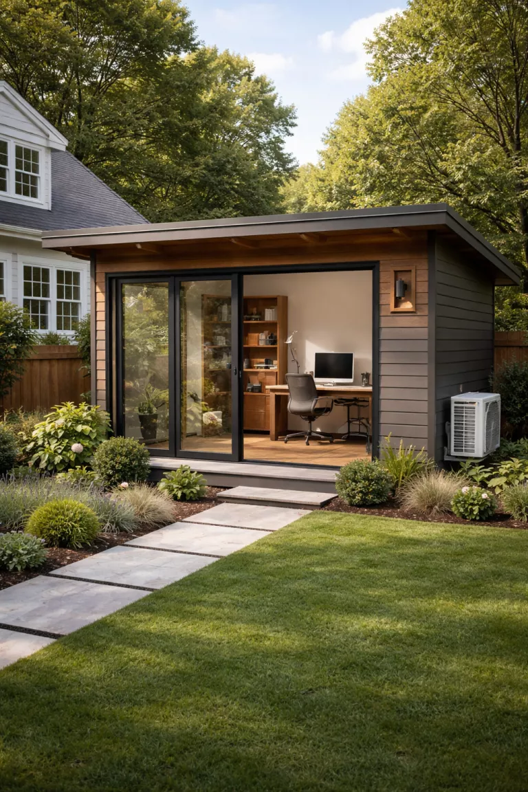 A realistic photo of a traditional American home's backyard featuring a modern home office shed with large glass windows, a sleek wooden desk visible inside, professional landscaping, and a discreet mini split air conditioning unit mounted on the exterior wall.