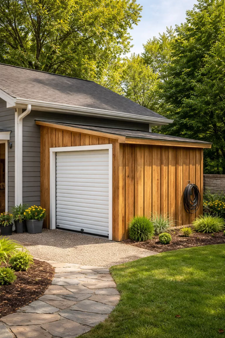 A realistic photo of a traditional American home's backyard showing a wooden lean to shed attached to the side of a grey garage, featuring a single sloped roof and a space saving roll up door.