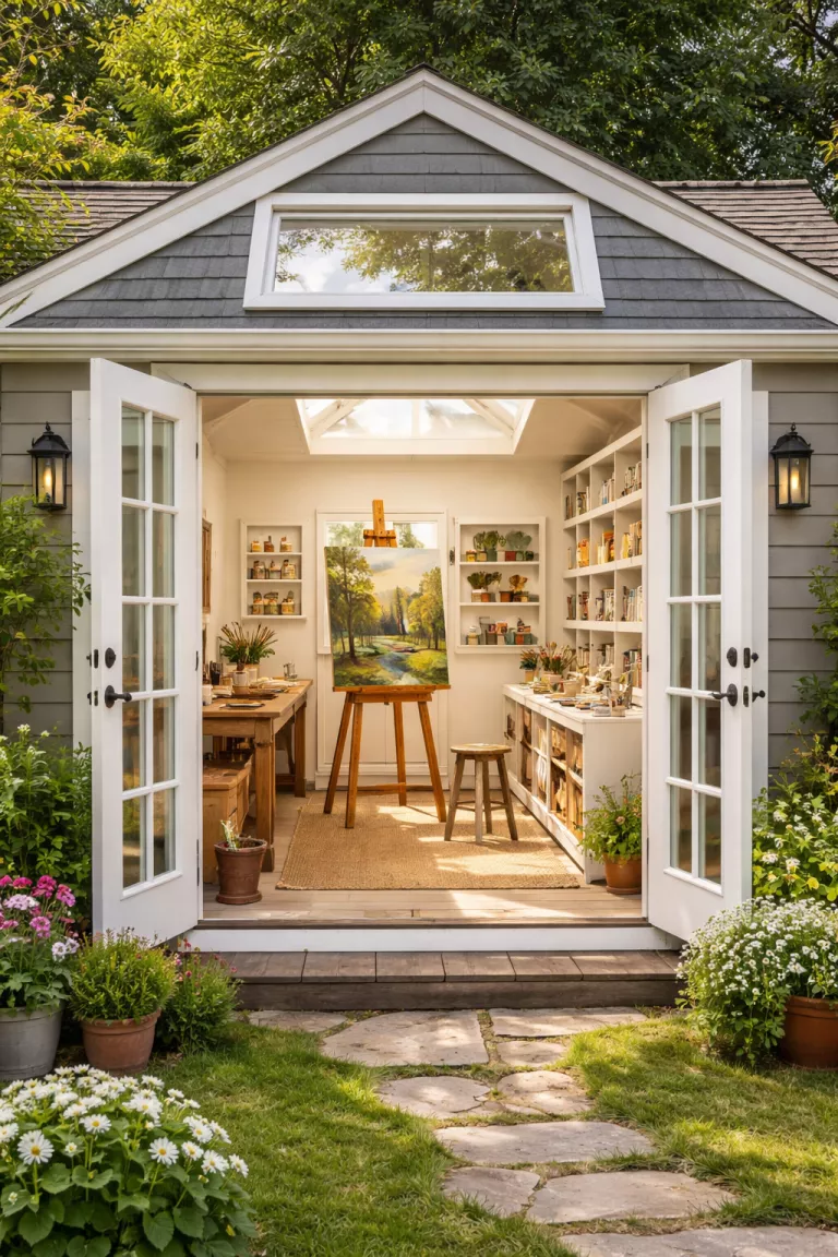 A realistic photo of a traditional American home's backyard showing an artist studio shed with a large north facing skylight, white interior walls, an easel with a canvas, and organized shelving filled with colorful paint tubes and brushes.