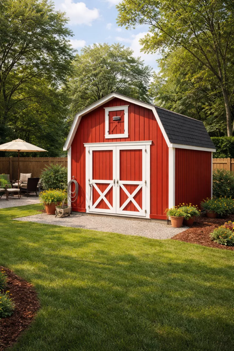 A realistic photo of a traditional American home's backyard featuring a red barn style shed with a gambrel roof, white double doors, a small hayloft door at the top, and a gravel pad foundation.