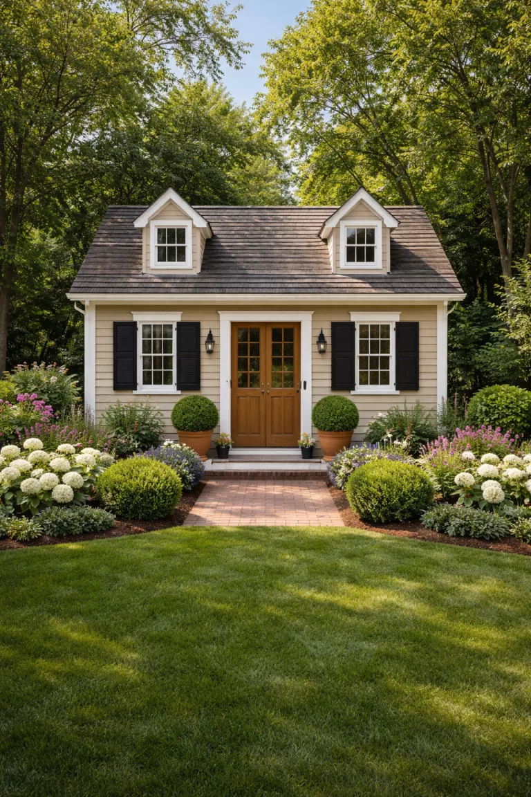 A realistic photo of a traditional American home's backyard featuring a classic Colonial shed with beige clapboard siding, a symmetrical front with two dormer windows, and black shutters flanking a centered wooden door.