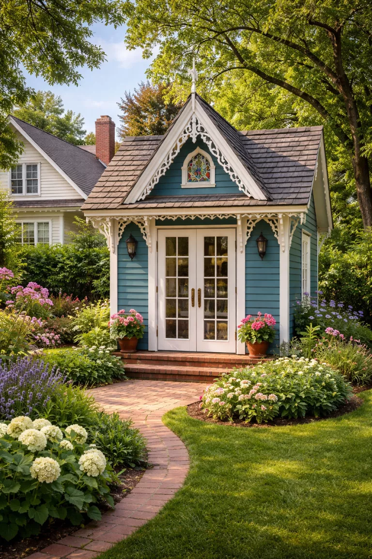 A realistic photo of a traditional American home's backyard featuring an ornate Victorian style shed with teal blue siding, white gingerbread trim, a steep gabled roof, and a small stained glass window above the door.