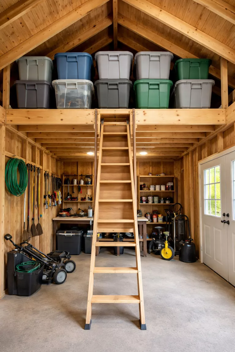 A realistic photo of a traditional American home's backyard showing the interior of a tall shed with a reinforced wooden loft, a pull down ladder, and several plastic storage bins neatly arranged on the upper level.