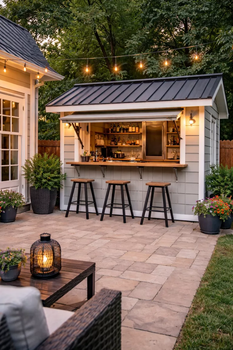A realistic photo of a traditional American home's backyard featuring a shed with a flip up bar counter, wooden bar stools, a stainless steel mini fridge, and warm LED string lights hanging from the eaves near a patio.