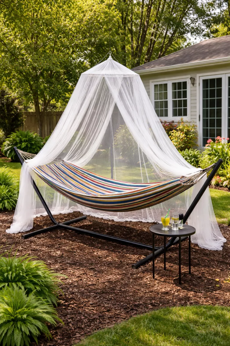 A realistic photo of a typical American home's backyard showing a double wide striped canvas hammock hanging from a black steel stand over a bed of dark brown wood mulch, featuring a white mosquito net drape and a small metal drink table nearby.