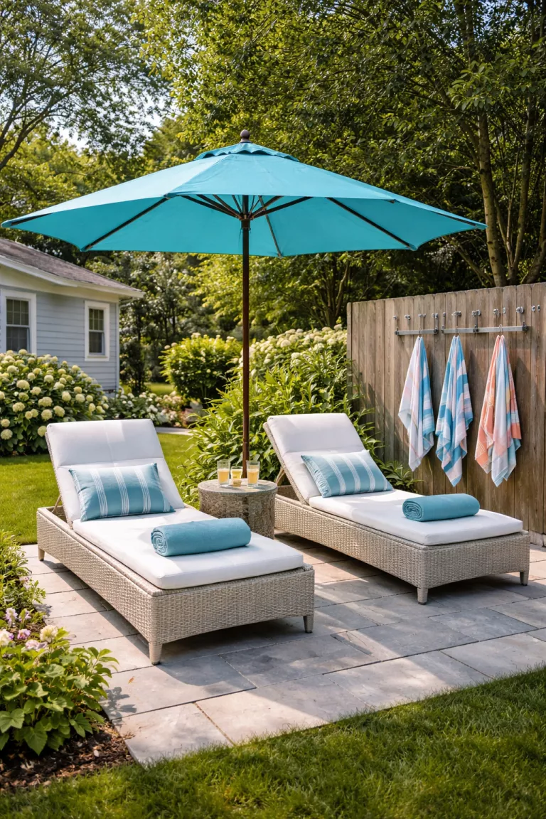 A realistic photo of a typical American home's backyard featuring two white resin wicker chaise lounge chairs with adjustable backs, a large turquoise patio umbrella, and several stainless steel towel hooks mounted on a nearby low wood fence.