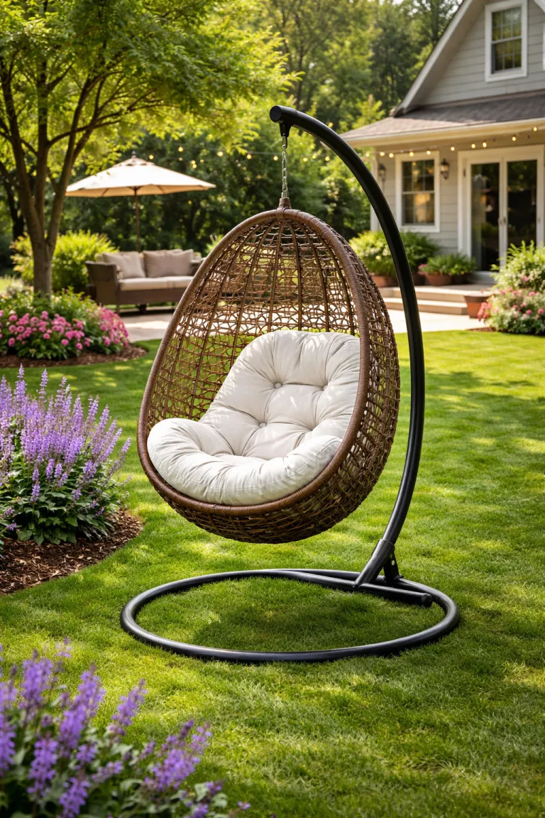 A realistic photo of a typical American home's backyard featuring a brown wicker hanging egg chair with a fluffy white cushion suspended from a sturdy black steel stand on a green lawn with purple flowers nearby.