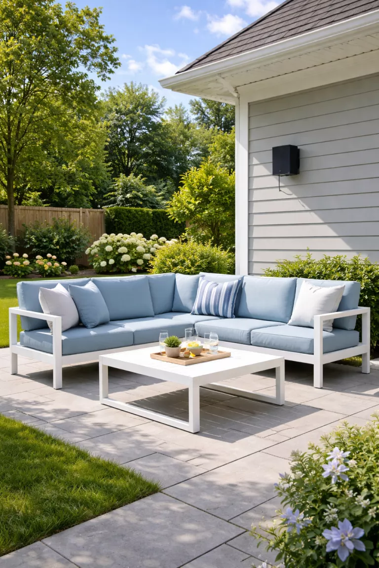 A realistic photo of a typical American home's backyard featuring a sleek white powder coated aluminum sectional sofa with light blue cushions, a matching rectangular coffee table, and a small black outdoor speaker mounted on a nearby wall under a bright midday sun.