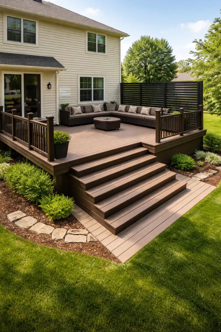 A realistic photo of a typical American home's backyard showing a two tier brown composite deck, featuring built in dark brown benches along the railing of the top level, a wide staircase, and a modern black privacy screen on one side.
