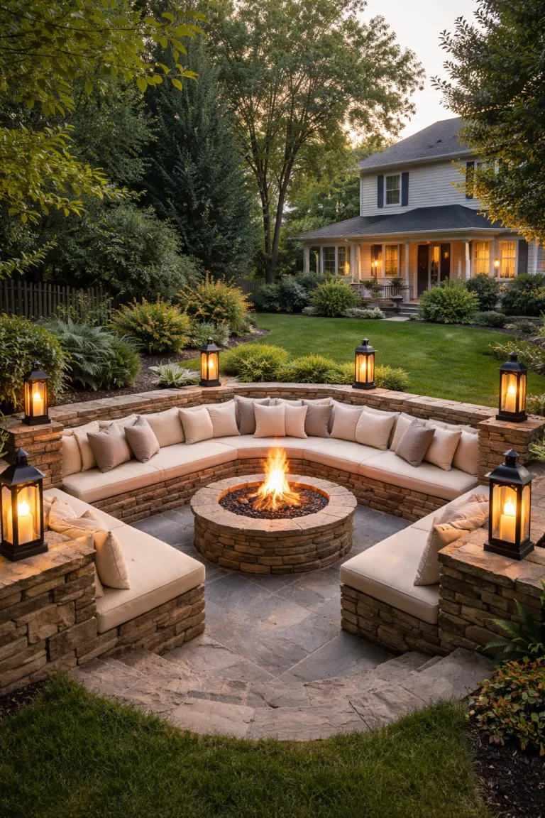 A realistic photo of a typical American home's backyard featuring a sunken stone conversation pit with built in benches, plush cream cushions, and six tall black metal lanterns with glowing led candles scattered around the perimeter.