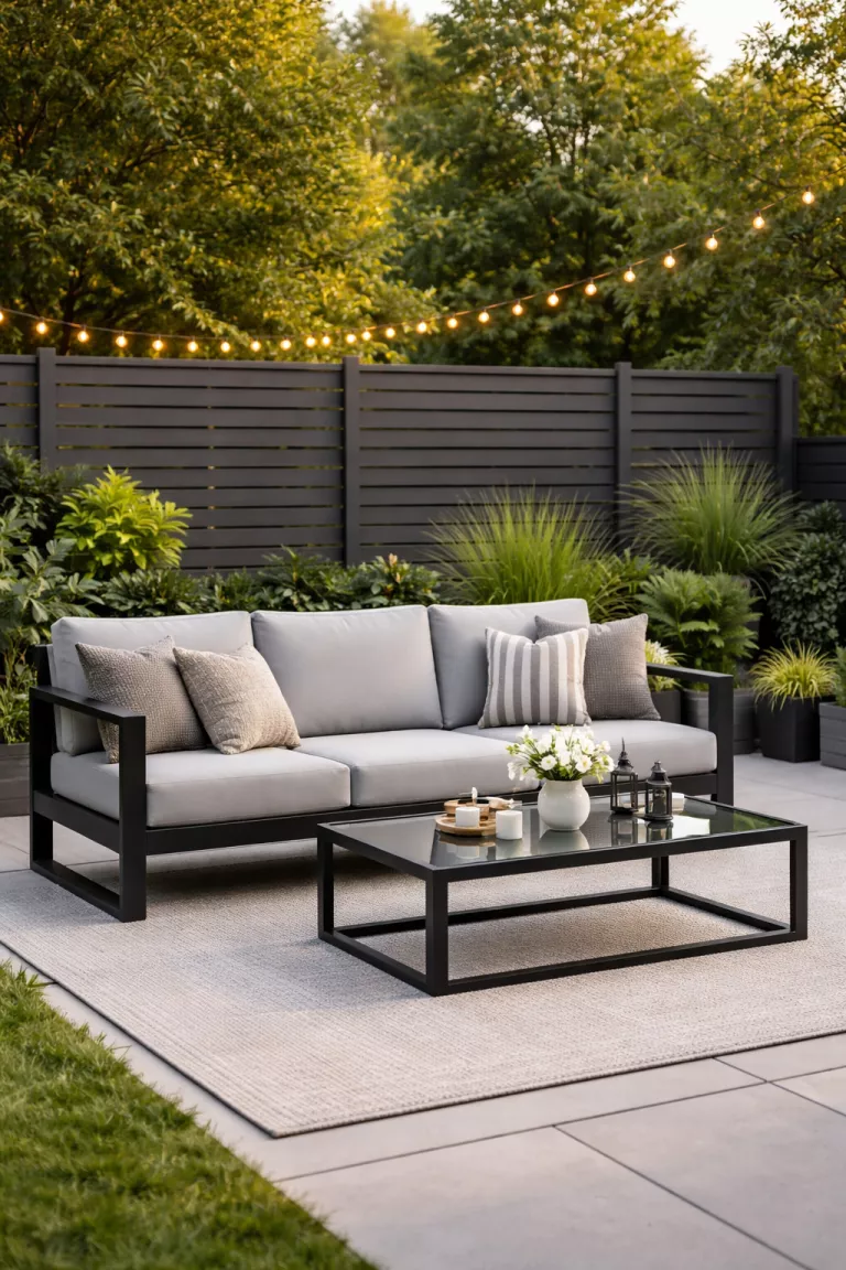 A realistic photo of a typical American home's backyard featuring a matte black aluminum frame sofa with light gray plush seating, a sleek glass coffee table, and a minimalist privacy screen in the background.