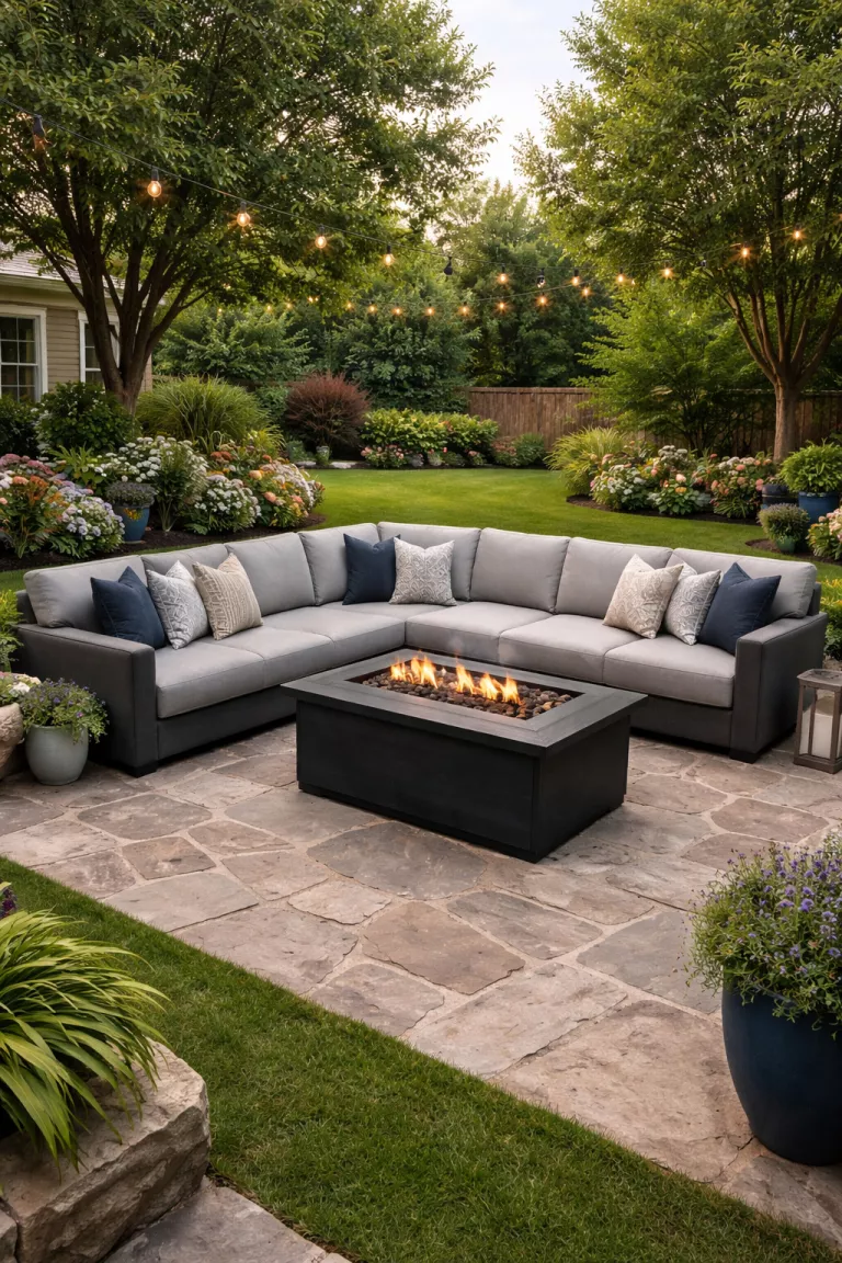 A realistic photo of a typical American home's backyard featuring a gray U-shaped sofa built around a rectangular black gas fire pit table on a stony patio area.