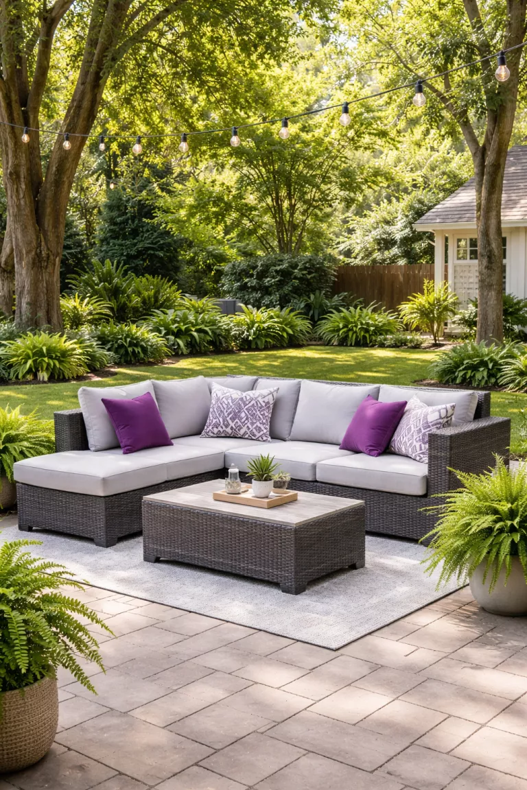 A realistic photo of a typical American home's backyard featuring a charcoal gray wicker sofa with light gray cushions, colorful purple throw pillows, and several green potted ferns nearby.