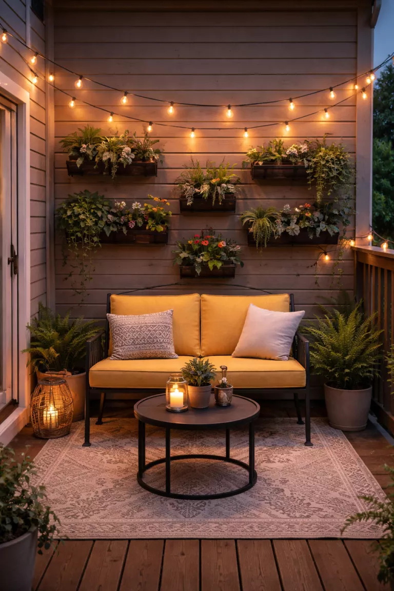 A realistic photo of a typical American home's backyard featuring a small black metal loveseat with thin yellow cushions, surrounded by vertical wall planters and warm string lights on a tiny balcony.