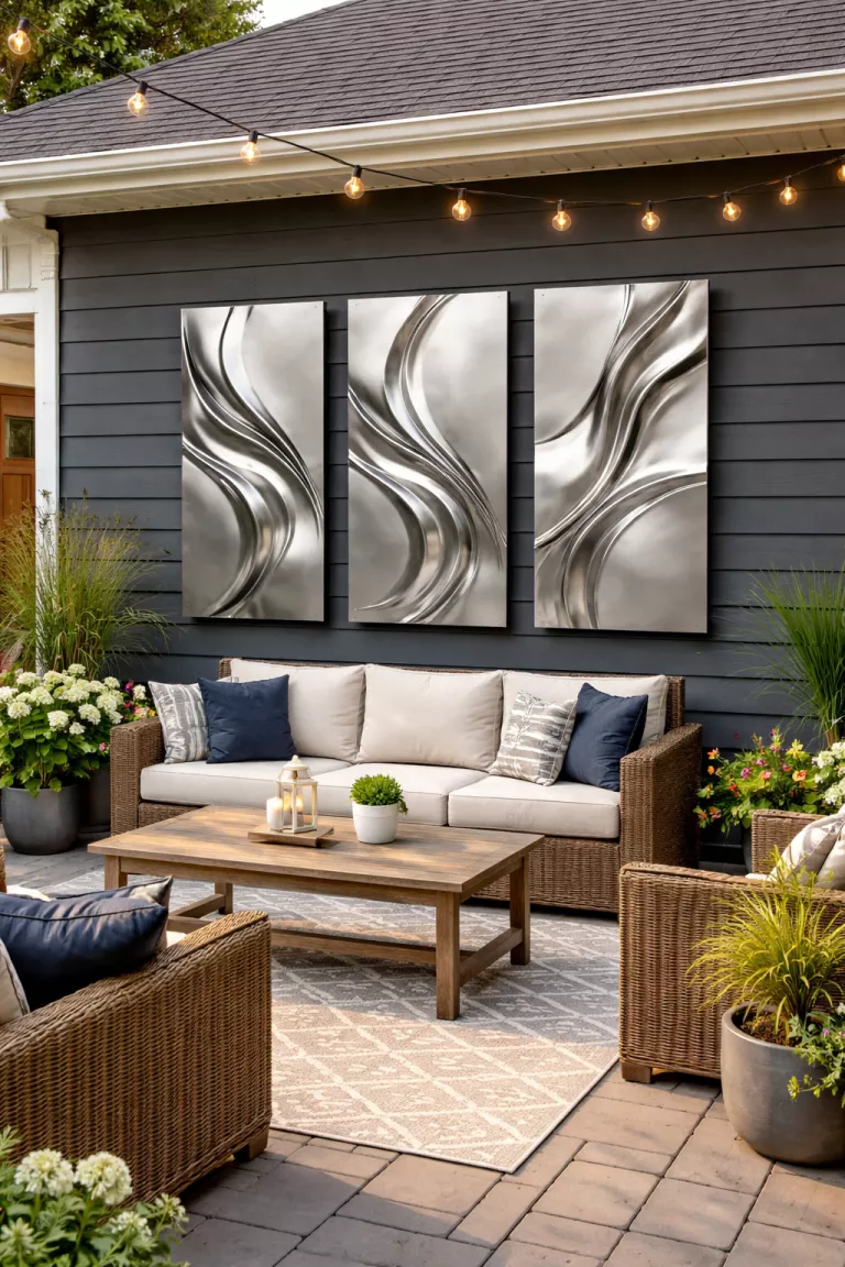 A realistic photo of a typical American home's backyard featuring a set of three silver metal abstract wall panels with fluid shapes on a dark gray painted wall.