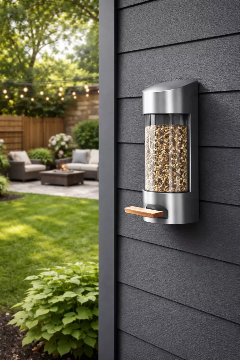 A realistic photo of a typical American home's backyard featuring a sleek silver modern wall mounted bird feeder with a small wooden perch on a dark gray wall.