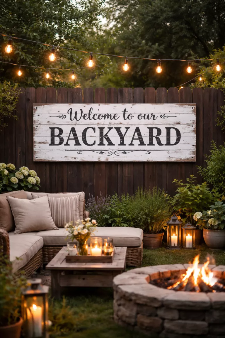 A realistic photo of a typical American home's backyard featuring a weathered white wooden sign with black farmhouse lettering mounted on a dark wooden fence under string lights.
