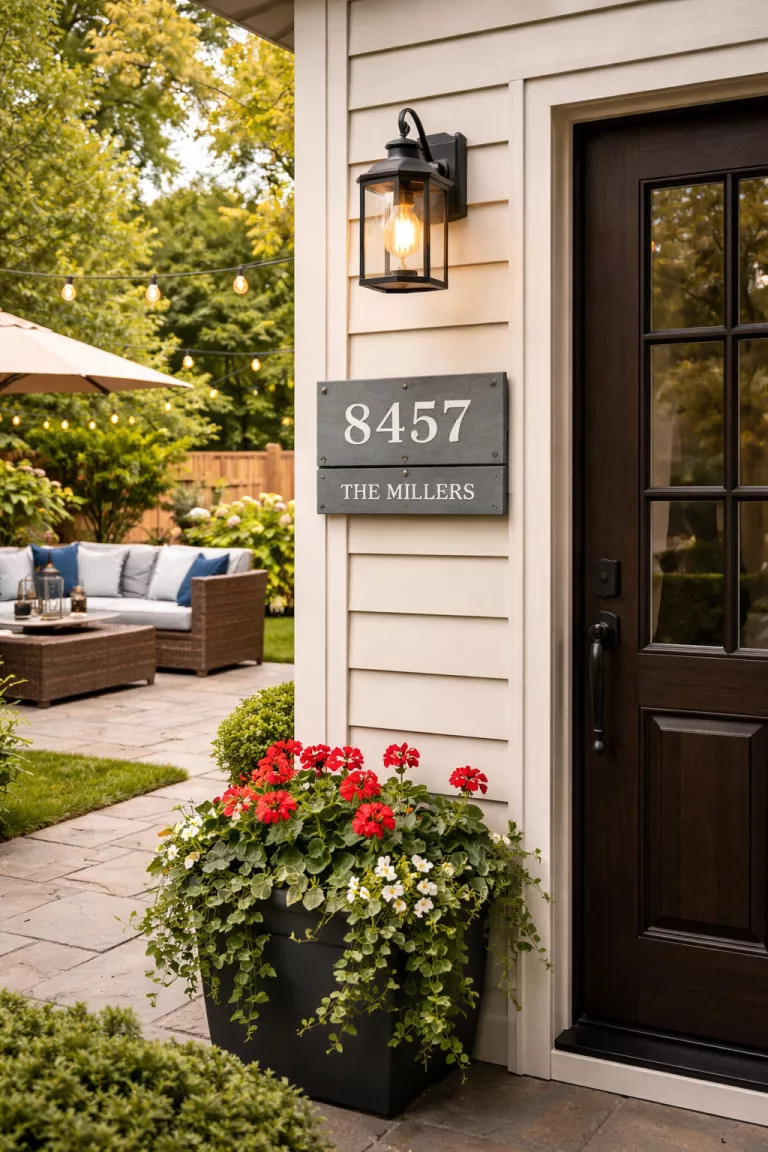 A realistic photo of a typical American home's backyard featuring a custom rectangular gray slate address plaque with white numbers and a family name mounted next to a dark wood door.