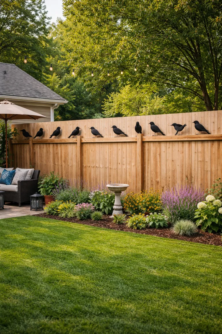 A realistic photo of a typical American home's backyard featuring a collection of small black metal bird silhouettes mounted along the top of a wooden fence.