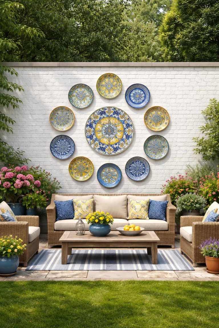 A realistic photo of a typical American home's backyard featuring an assortment of colorful blue and yellow ceramic plates arranged in a circle on a white brick wall.