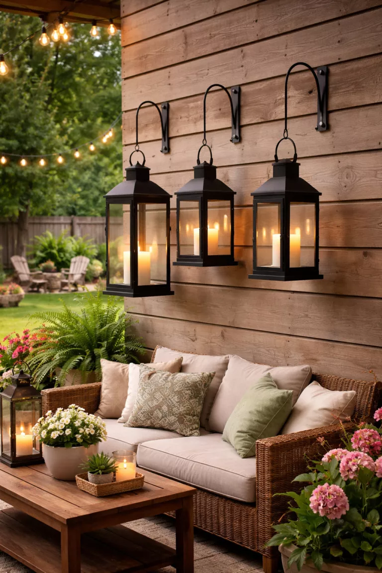 A realistic photo of a typical American home's backyard featuring a trio of different sized black metal lanterns hanging from hooks on a wooden patio wall.