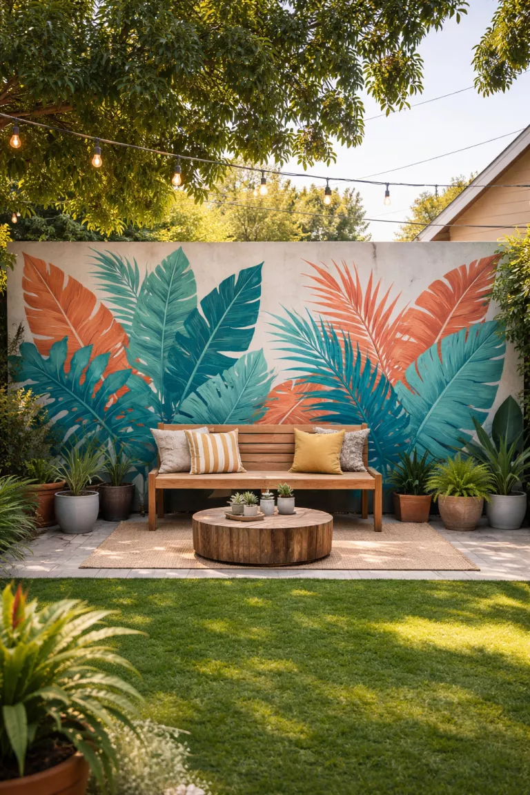 A realistic photo of a typical American home's backyard featuring a colorful mural of teal and terracotta tropical leaves painted on a smooth concrete wall behind a wooden bench.
