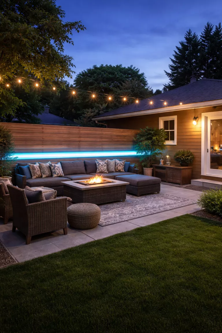 A realistic photo of a typical American home's backyard featuring programmable white LED strip lights glowing with blue light behind a wooden wall panel at dusk.