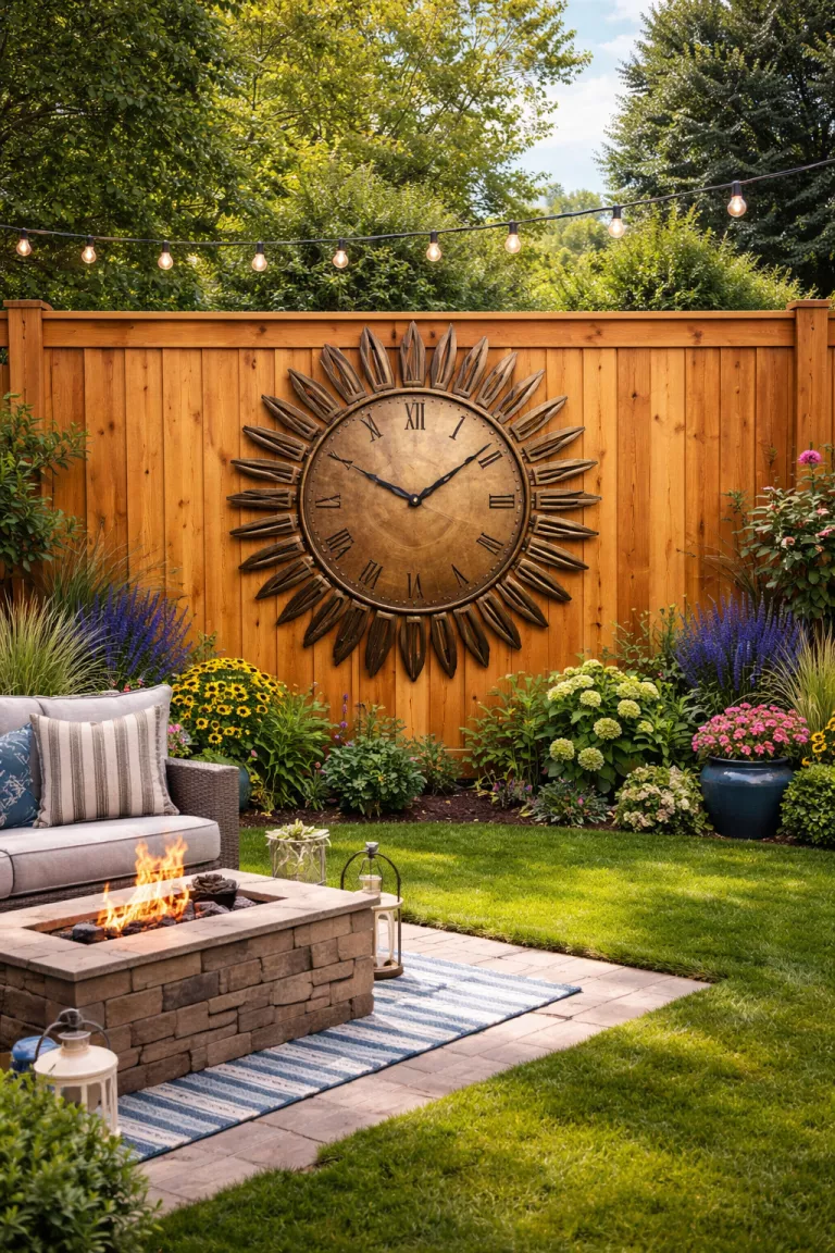 A realistic photo of a typical American home's backyard featuring a large bronze sunburst outdoor clock with Roman numerals mounted on a cedar wood fence.