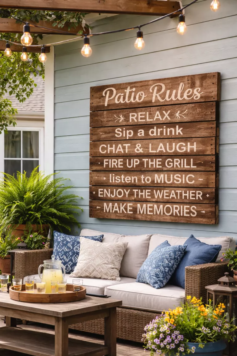 A realistic photo of a typical American home's backyard featuring a rustic brown pallet wood sign with white hand painted text saying 'Patio Rules' on a light blue wall.