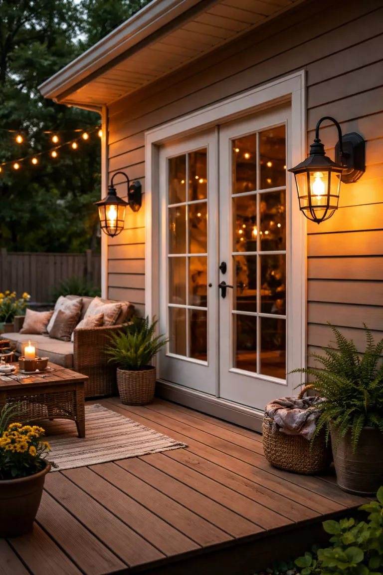 A realistic photo of a typical American home's backyard featuring two black industrial lantern wall sconces glowing with warm orange light on a wooden porch wall next to a glass door.