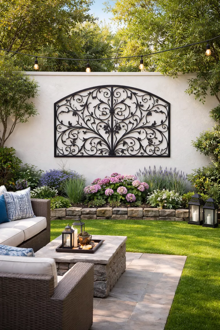 A realistic photo of a typical American home's backyard featuring a black wrought iron wall panel with scrolling floral motifs mounted on a white stucco wall.