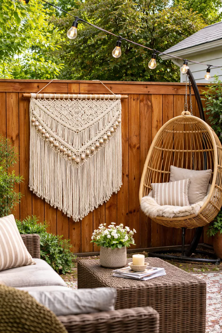 A realistic photo of a typical American home's backyard featuring a large cream colored macrame wall hanging with wooden beads on a cedar fence next to a hanging rattan chair.