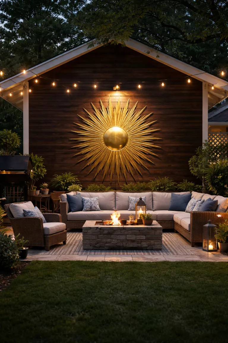 A realistic photo of a typical American home's backyard featuring a large polished gold sunburst metal wall decor piece glowing under a spotlight on a dark wood wall.