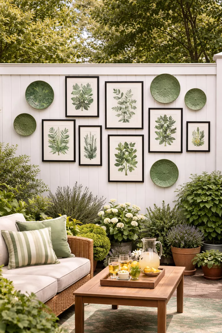 A realistic photo of a typical American home's backyard featuring a collection of black framed botanical prints and green ceramic plates arranged as a gallery wall on a white fence.