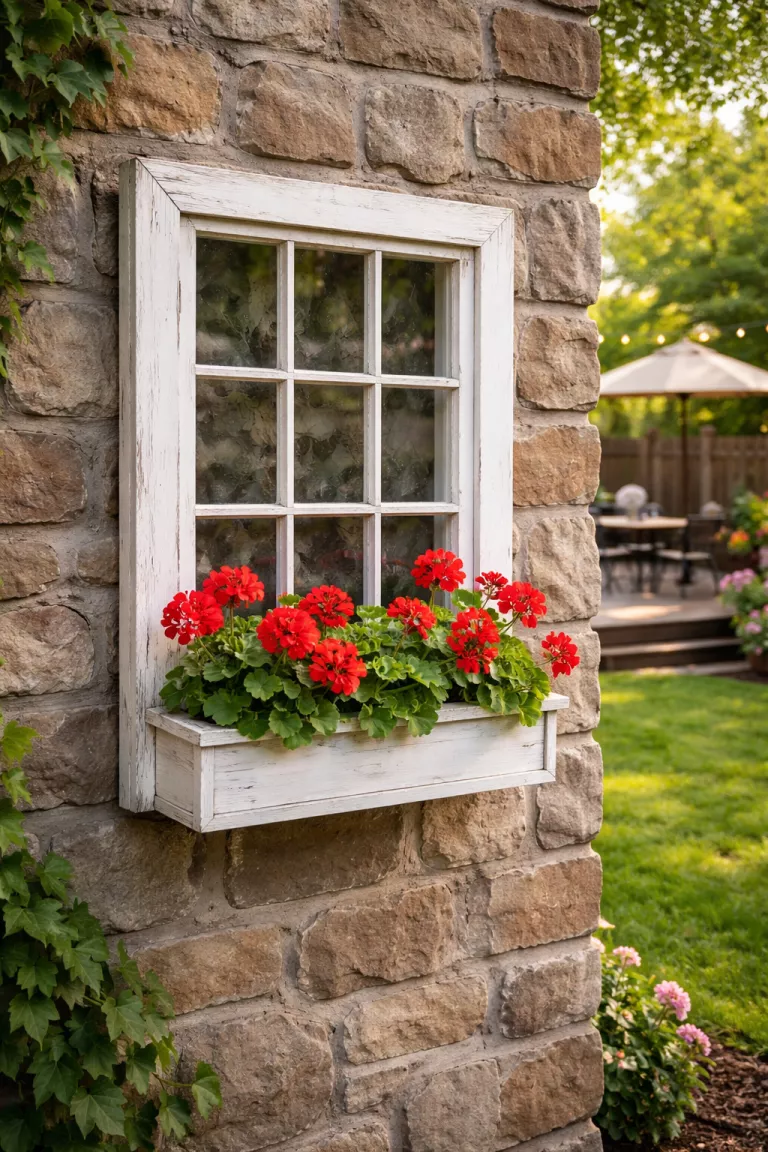 A realistic photo of a typical American home's backyard featuring an old white wooden window frame with a small planter box containing red flowers mounted on a stone wall.