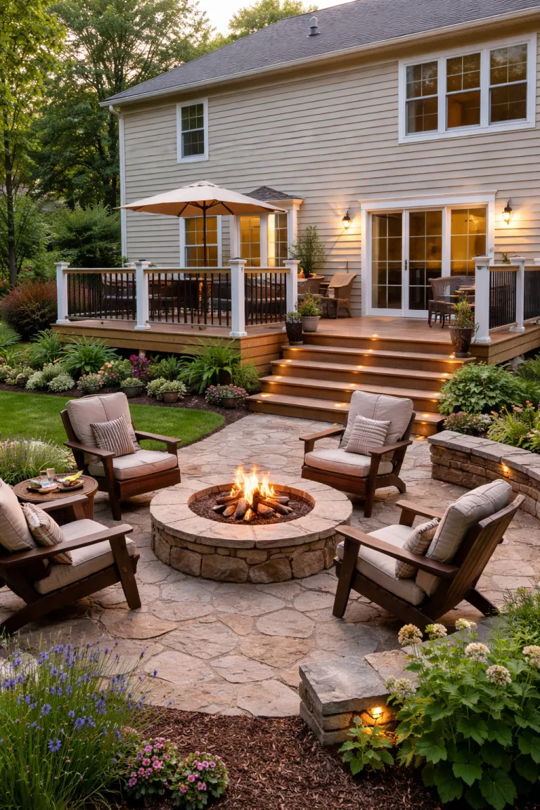 A realistic photo of a typical American home's backyard featuring a raised wood deck for dining and a lower stone area for a fire pit.