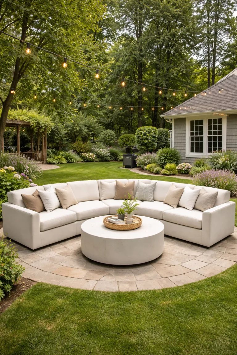 A realistic photo of a typical American home's backyard with a curved cream colored sectional sofa and a round white concrete coffee table.