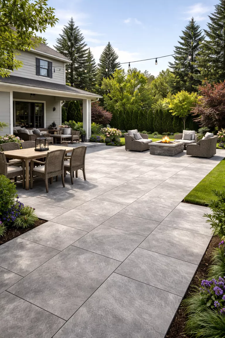 A realistic photo of a typical American home's backyard with large grey porcelain floor tiles that look like natural stone.