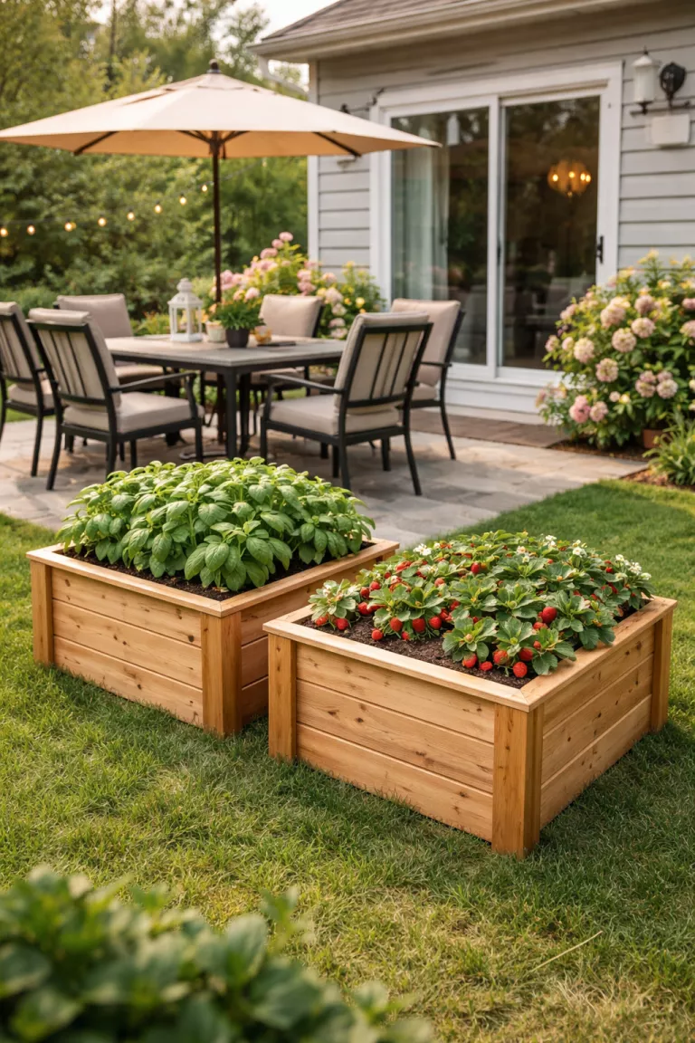 A realistic photo of a typical American home's backyard with cedar herb planter boxes containing green basil and red strawberry plants next to a patio table.